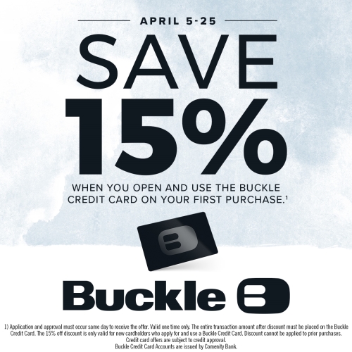 Save 15% when you open and use the Buckle Credit Card on your first purchase icon