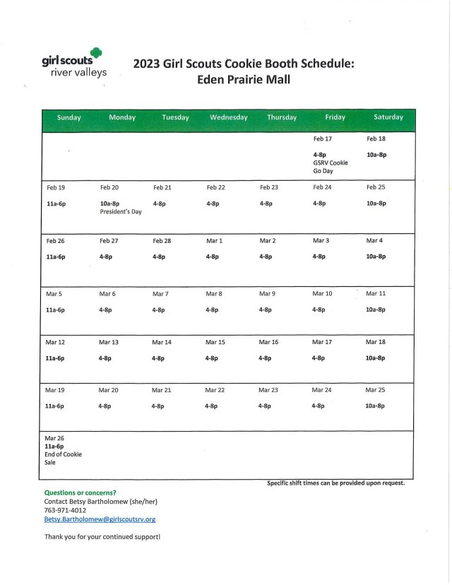 Girl Scouts Cookie Booth Schedule